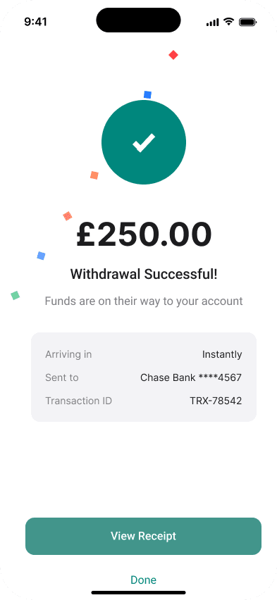 The StatimPay app's confirmation screen after a withdrawal, showing the amount sent and the bank account it was sent to.