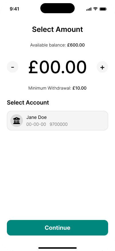 The StatimPay app's withdraw screen: the available balance, the minimum withdrawal, the amount to take and the bank account it will be paid into.